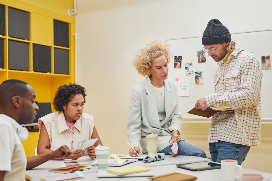 Diverse team brainstorming in a modern office setting