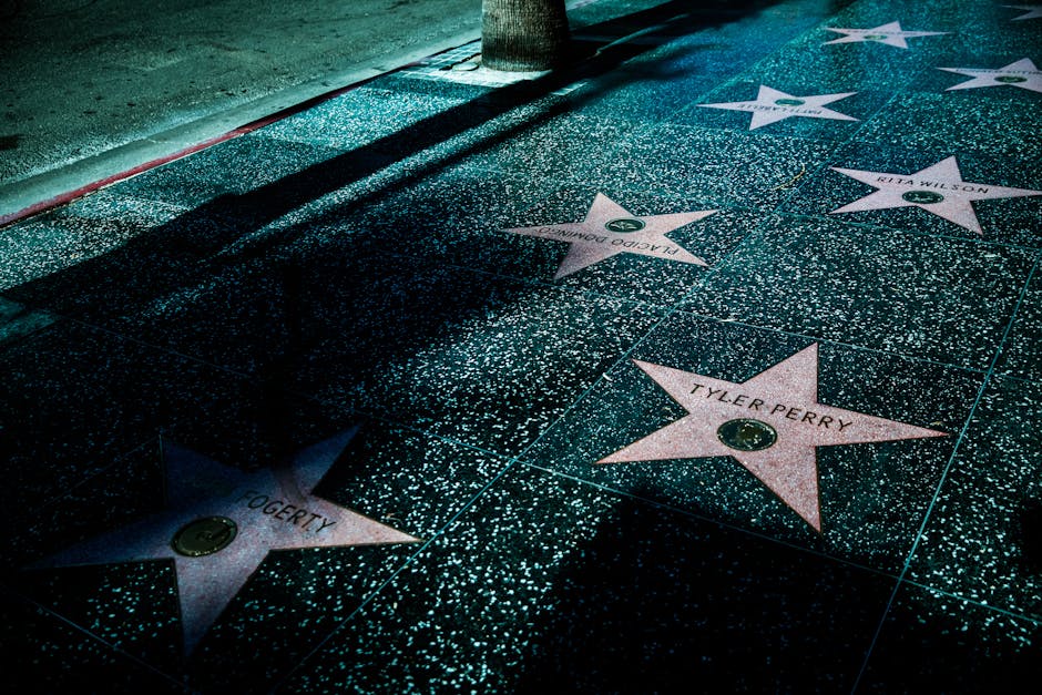 Night view of Hollywood Walk of Fame stars showcasing celebrity names and iconic design